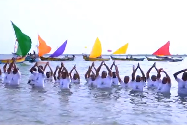 Floating Yoga event conducted on the Krishna River in Vijayawada