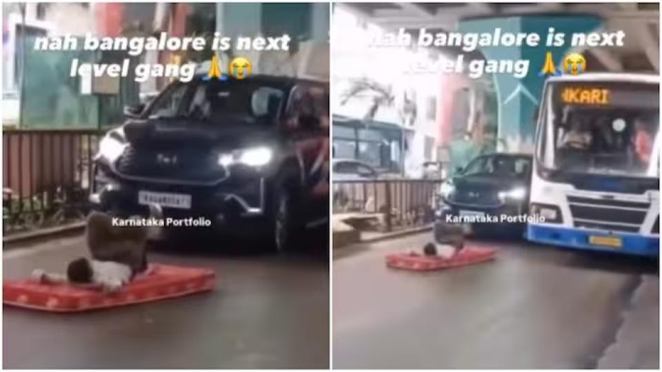 Video of Man brings out mattress to sleep on busy road in Bengaluru