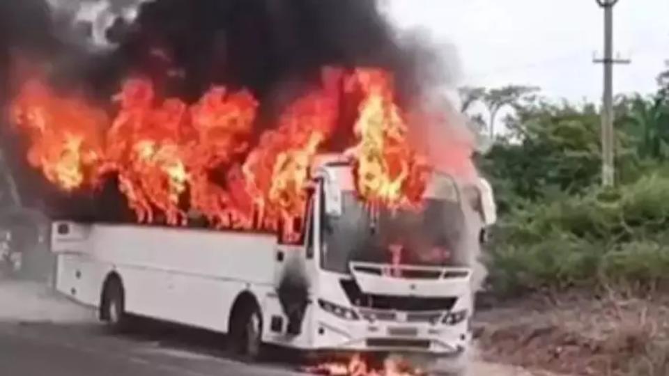 Private Travel Bus Catches Fire In Srikakulam
