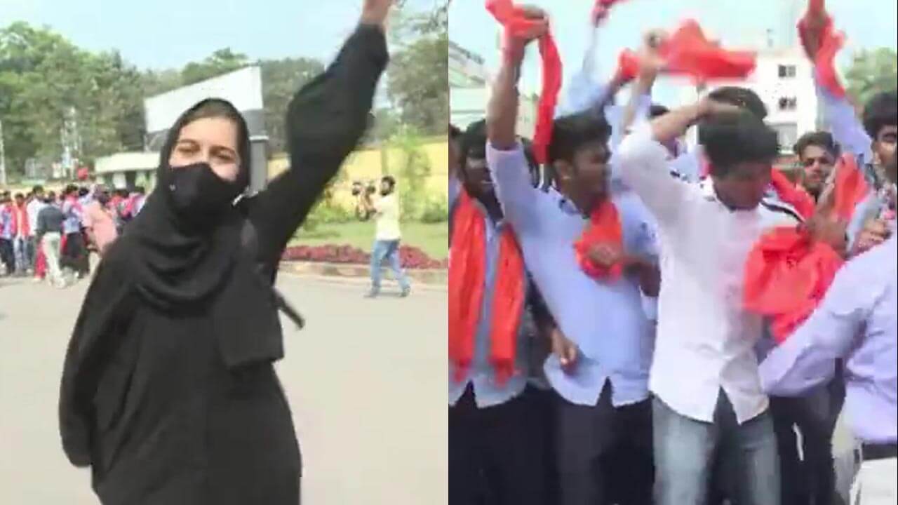 hijabrow:karnatakastudentscreamsislamicsloganallahhuakbarafterhecklerschantingjaishriram