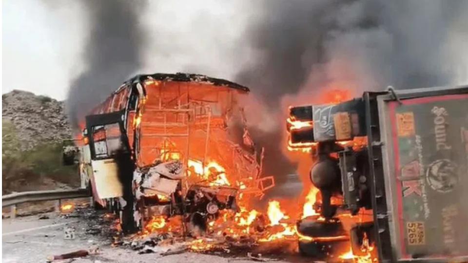 Bus fire after crash with truck kills ten, several injured in AP
