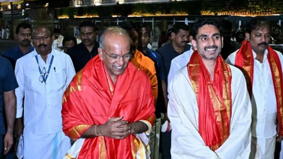 Lokesh, Singapore Minister Shanmugam Offer Prayers at Tirumala