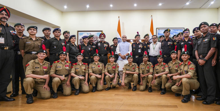 Defence Minister Rajnath Singh felicitates NCC cadets who summited mount everest