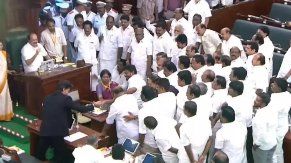 CM Vijay Helps DMK MLA to His Feet During Assembly Walkout